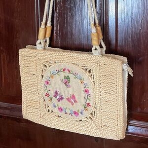 Vintage Spring Summer Purse Shoulder Bag Floral Butterfly Embroidery Jute Zipper